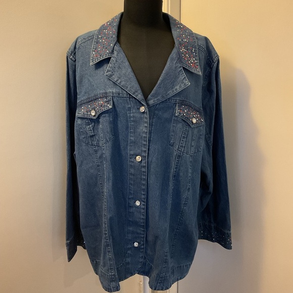 2. NWT Liz & Me Signature Beaded Red, Black N Silver Jean Jacket Size 2X - Picture 1 of 11